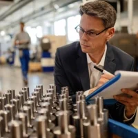 inspector-de-control-de-calidad-que-escribe-informes-mientras-analiza-cilindros-de-varilla-de-acero-